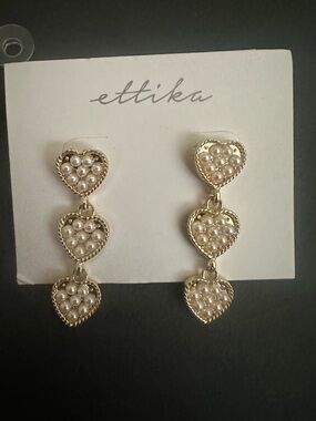 ettika Gold-Tone Triple Heart Pearl Drop Earrings - Cream